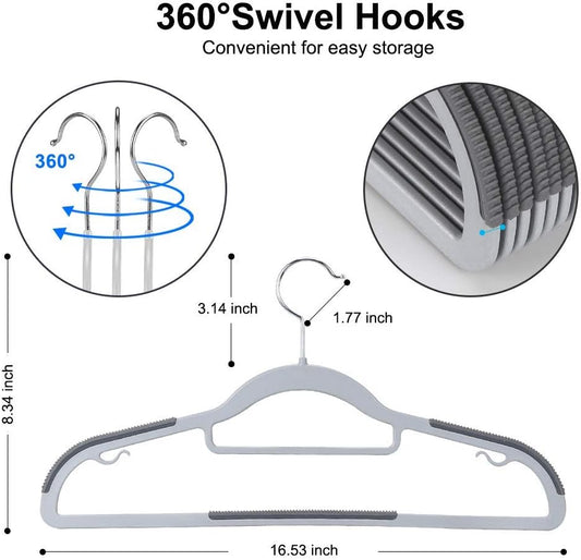 OIKA 50 Pack Slim Plastic Clothes Hangers with 360° Swivel Hooks, Gray