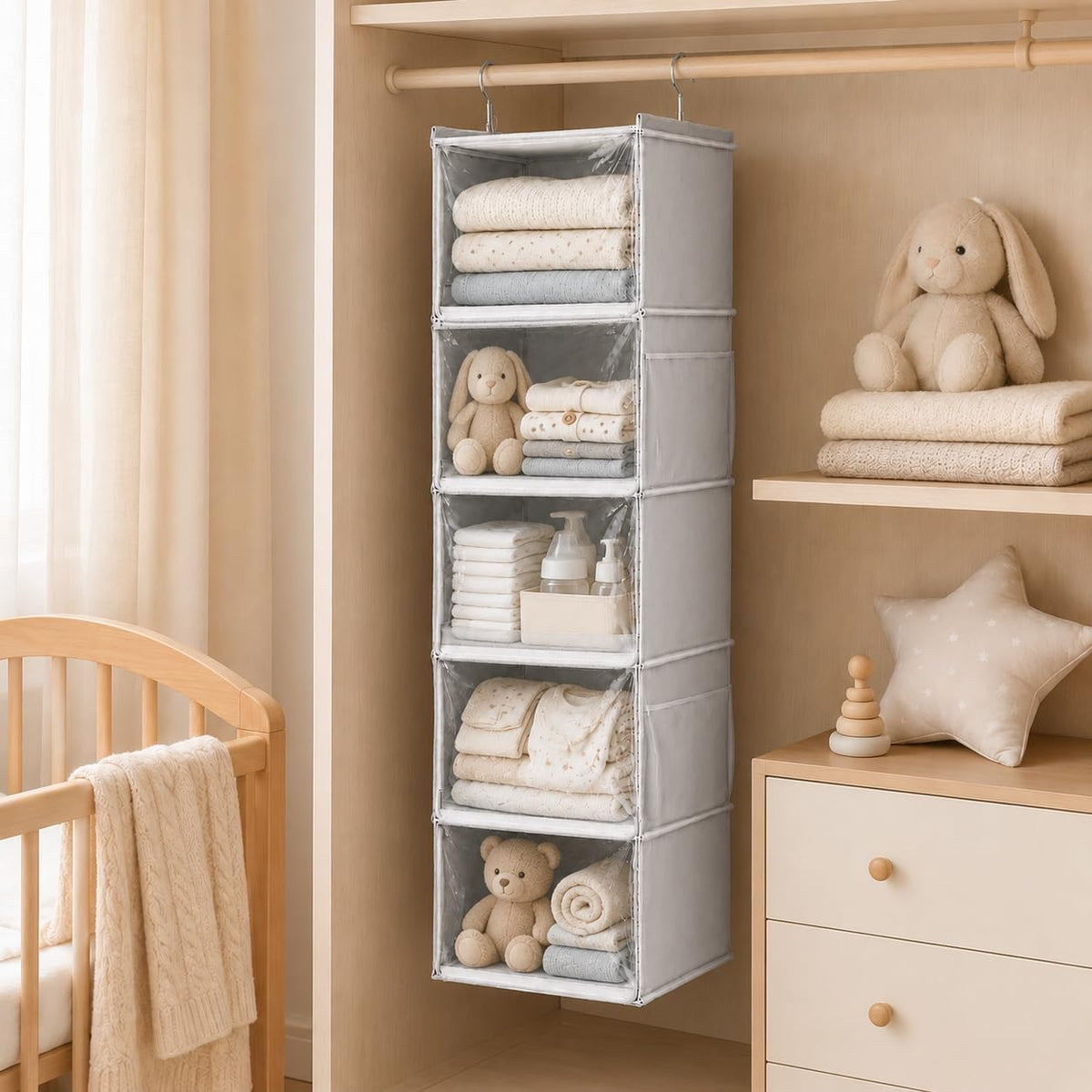 Vailando 5-Shelf Hanging Closet Organizer with Clear Dust Covers, Gray