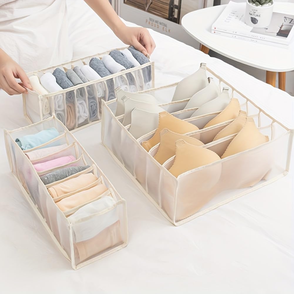 3 Pack Drawer Organizer Bins, Foldable Mesh Underwear Storage Dividers, Separate Grid Organizer for Bra Socks Lingerie Panties Closet Drawer Storage