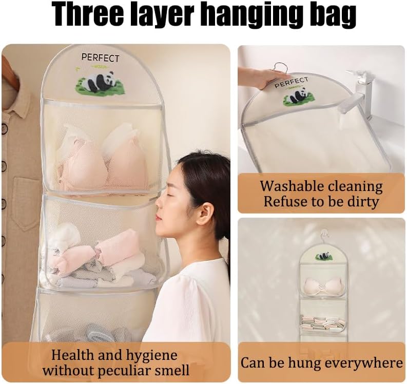 MIUPOO Multi Purpose Multi Layer Mesh Storage Hanging Bag,Hanging Storage with Metal Hanger Mesh Pockets for Bra Underwear Socks,Pockets Hang Store Bag for Door Wall Closet