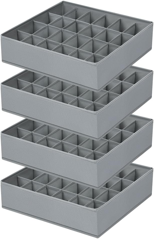 Sock Organizer 4 Pack, 24 Cell Underwear Organizer Foldable Underwear Storage, Sock and Underwear Drawer Organizer for Socks Ties Underwear Belts. (Grey)