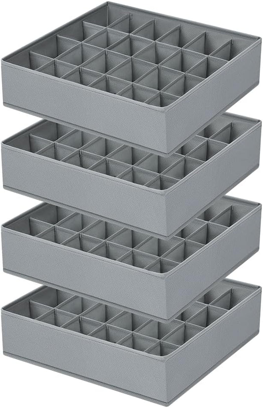 Sock Organizer 4 Pack, 24 Cell Underwear Organizer Foldable Underwear Storage, Sock and Underwear Drawer Organizer for Socks Ties Underwear Belts. (Grey)