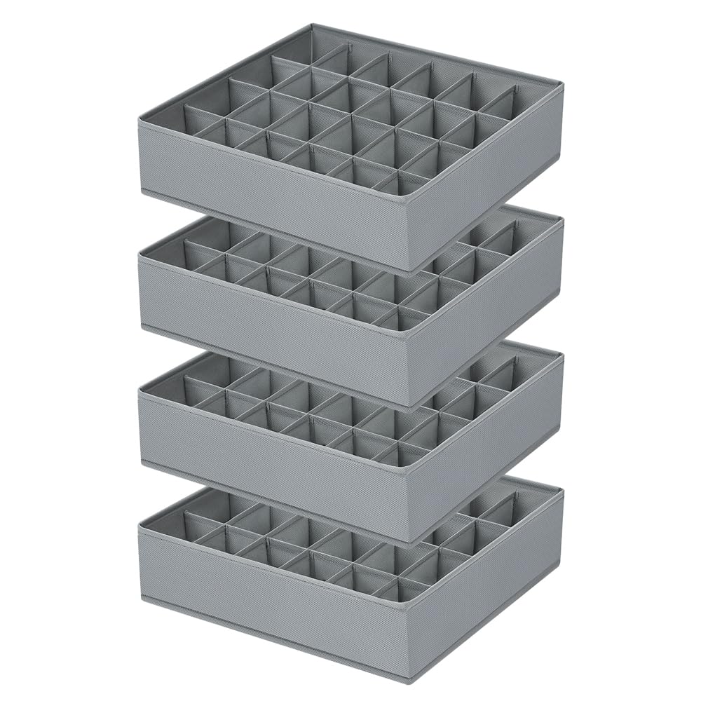 Sock Organizer 4 Pack, 24 Cell Underwear Organizer Foldable Underwear Storage, Sock and Underwear Drawer Organizer for Socks Ties Underwear Belts. (Grey)