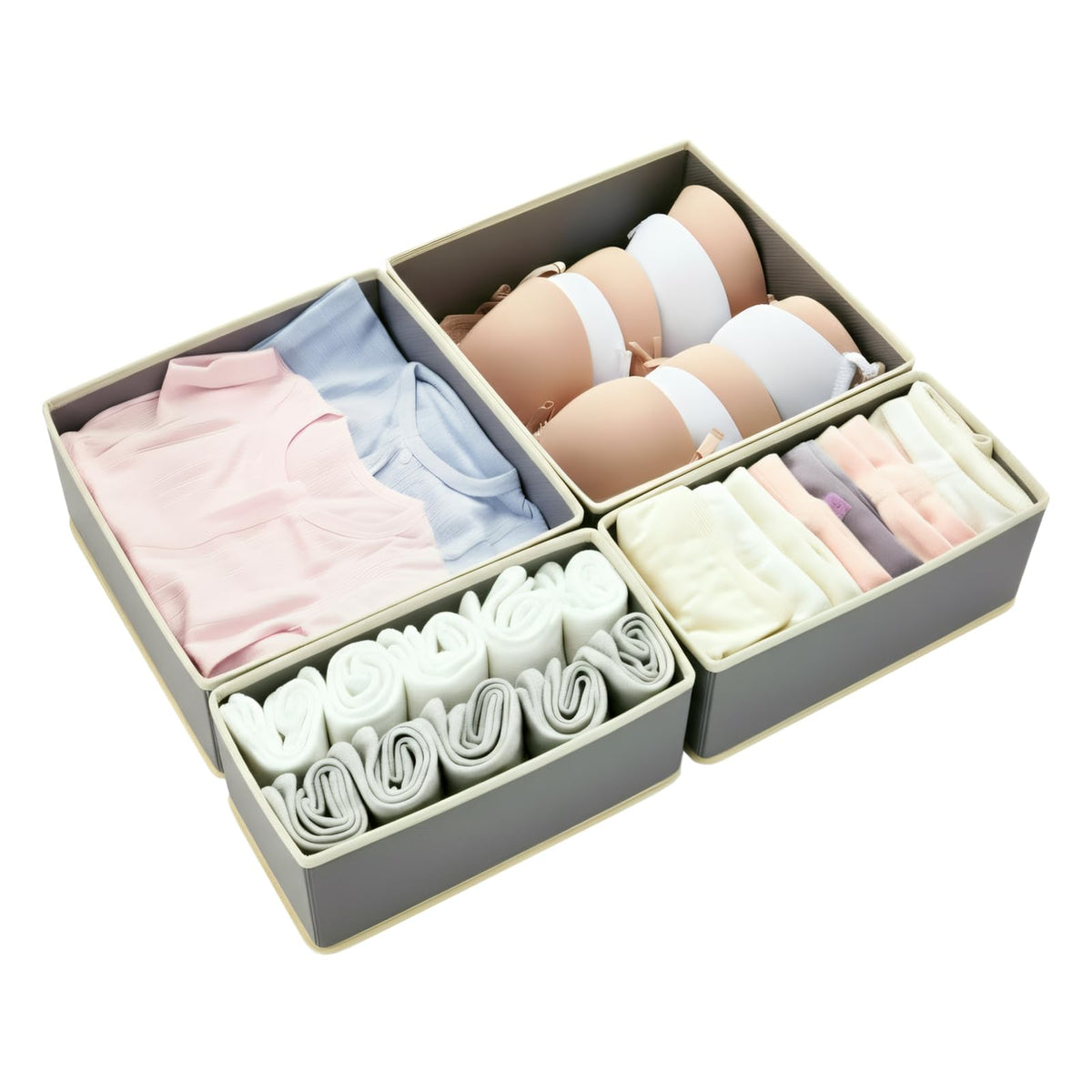 Drawer Organizer Set 4 Pack - Foldable 11" Fabric Storage Bins with Zipper Bottom for Underwear Socks Bras Baby Clothes - Closet Dresser Dividers for Bedroom Nursery, Khaki