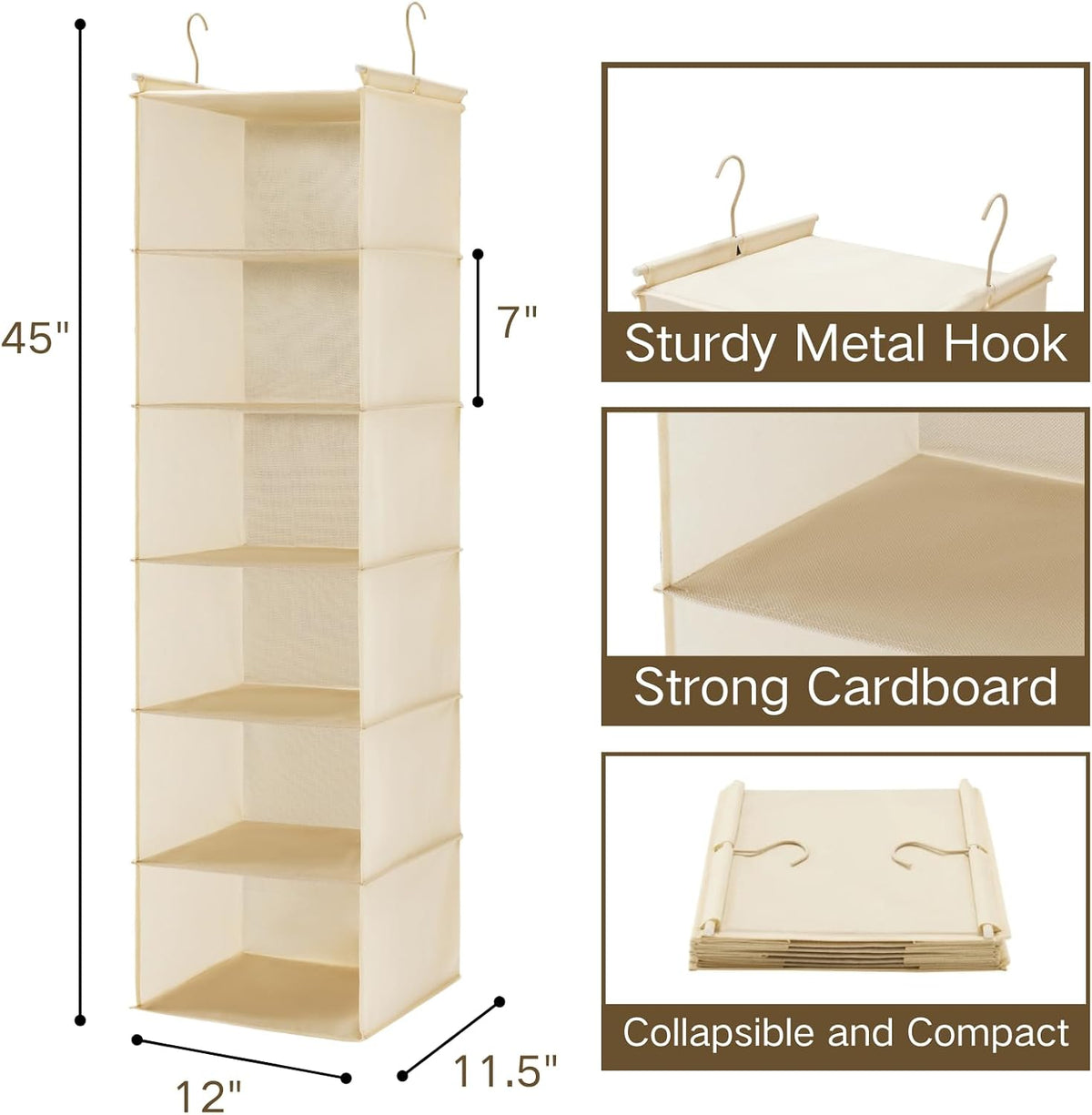 MAX Houser 6 Tier Shelf Hanging Closet Organizer with 2 Hooks, Beige