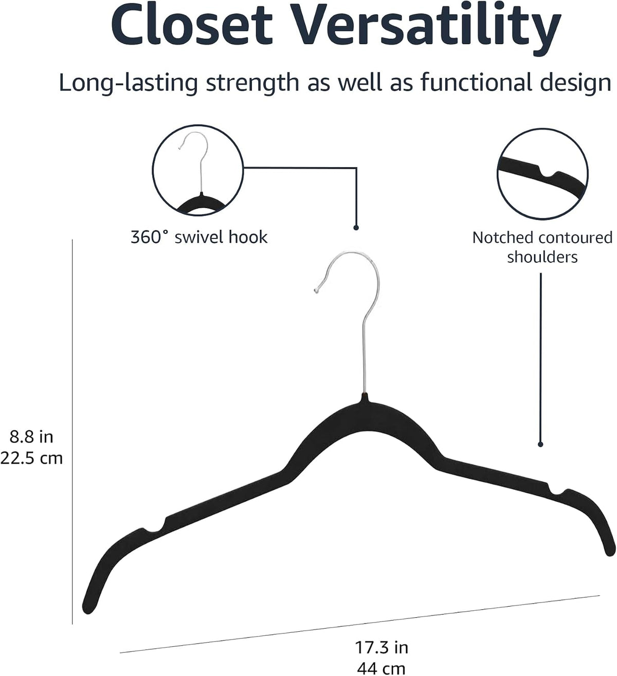Amazon Basics Space-Saving Slim Velvet Non-Slip Clothes Hangers for Closet Organization with Shoulder Notches, Black/Silver, 30-Pack