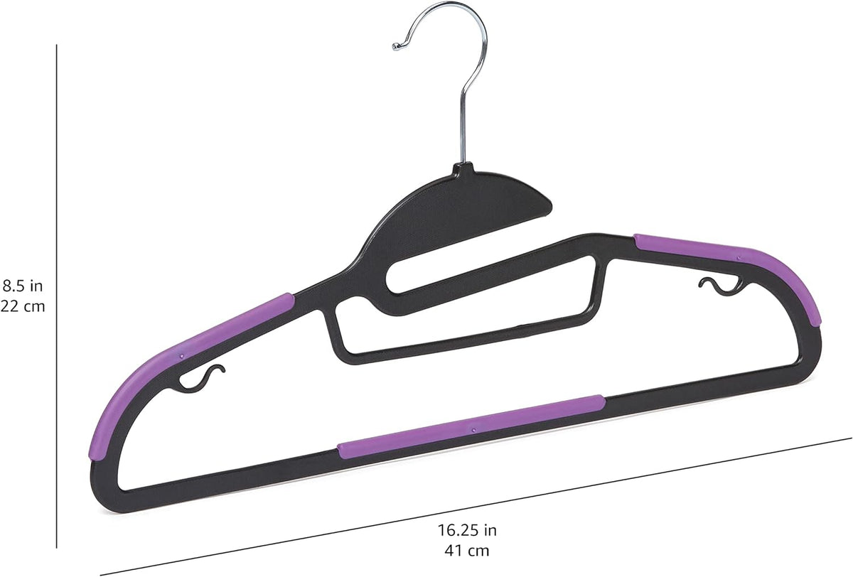 Amazon Basics Space Saving Non-Slip Rubber Coated Plastic Hangers with 360 Degree Swivel Hook, Black/Purple, Pack of 50