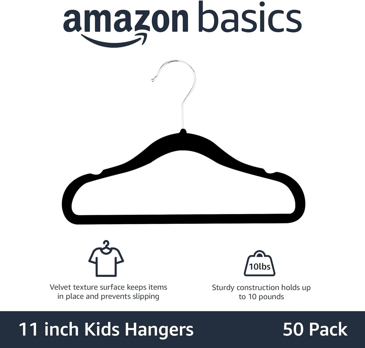 Amazon Basics Kids Space Saving Velvet Non-Slip Clothes Hangers with Shoulder Notches for Infant and Toddler, 11.6", Black, 50-Pack