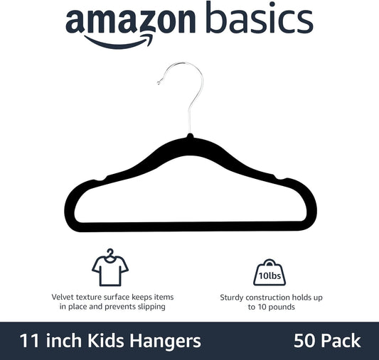 Amazon Basics Kids Space Saving Velvet Non-Slip Clothes Hangers with Shoulder Notches for Infant and Toddler, 11.6", Black, 50-Pack