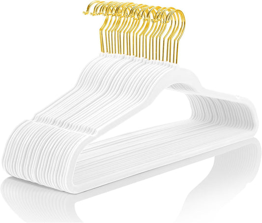 MIZGI Premium Velvet Hangers Pack 60 Pcs Heavyduty - Non Slip Slimline - Velvet Suit Hangers White - Gold Hooks,Space Saving Clothes Hangers