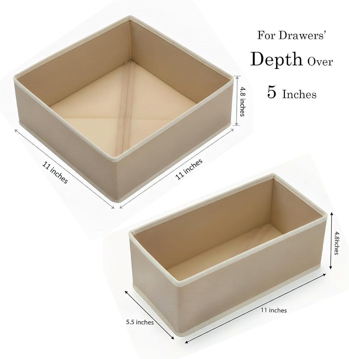 Drawer Organizer Set 4 Pack - Foldable 11" Fabric Storage Bins with Zipper Bottom for Underwear Socks Bras Baby Clothes - Closet Dresser Dividers for Bedroom Nursery, Khaki