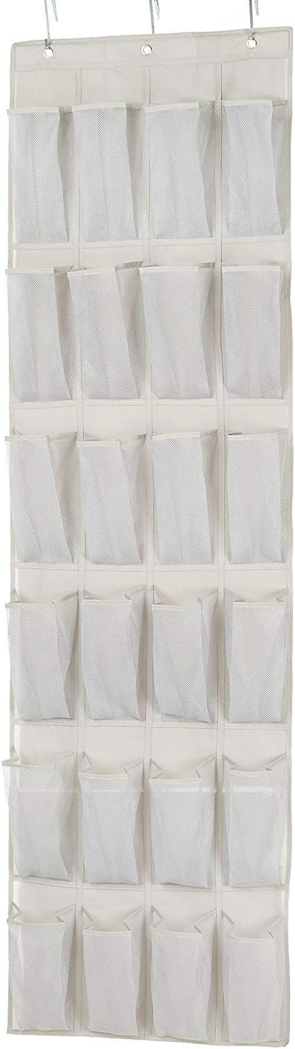 Amazon Basics 24 Medium Mesh Pocket Over-the-Door Hanging Shoe Organizer, Space Saving Shoe Storage, Light Grey