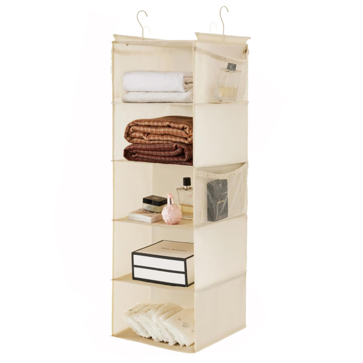 MAX Houser 5 Tier Shelf Hanging Closet Organizer, Cloth Hanging Shelf with 2 Sturdy Hooks for Storage, Foldable (Beige-D2)