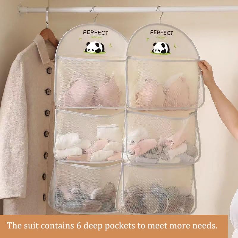 MIUPOO Multi Purpose Multi Layer Mesh Storage Hanging Bag,Hanging Storage with Metal Hanger Mesh Pockets for Bra Underwear Socks,Pockets Hang Store Bag for Door Wall Closet