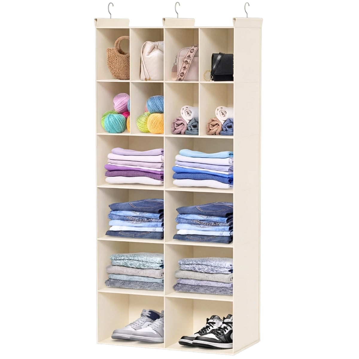 6 Tier Hanging Closet Organizer, 16 Compartments Dual Row Storage, Grey