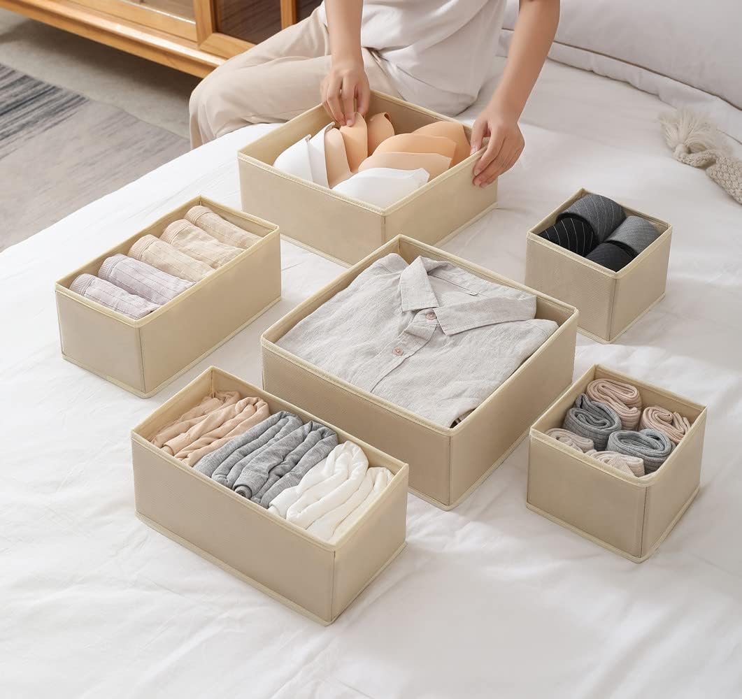 Fordonral 12 Pack Drawer Organizer Clothes, Foldable Fabric Dresser Organizer Closet Organizers and Storage Box for Underwear,Folded Clothes,Baby Clothing,Socks,Bra,Towels,Ties(12 Pack,Beige)