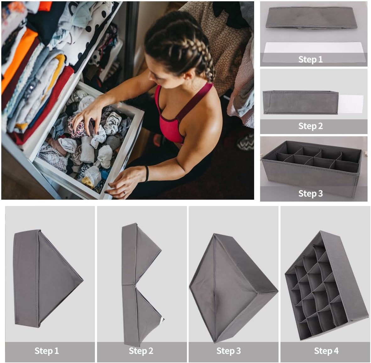 Lourome Underwear Drawer Organizer, 5-Pack, for Socks, Bras, Tie, Grey