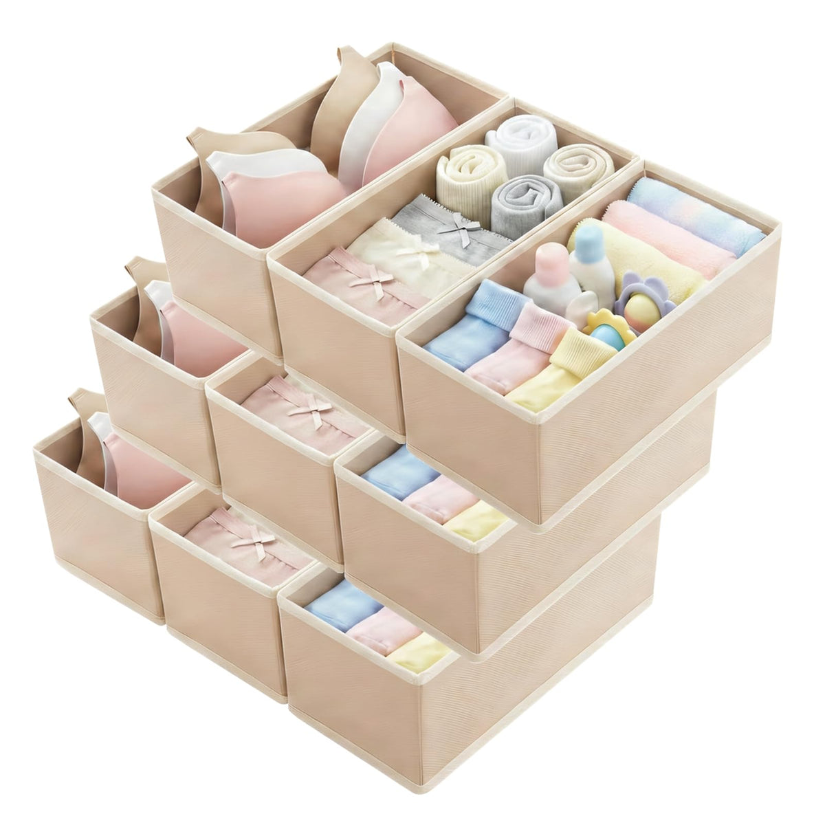 Small Foldable Fabric Drawer Organizer 3-Pack - 11" Breathable Closet & Dresser Storage Bins for Underwear, Socks, Baby Clothes & Bras, Grey
