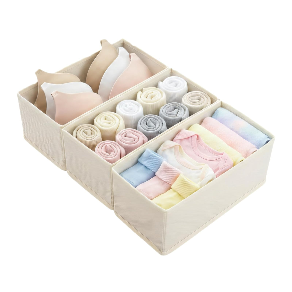 Small Foldable Fabric Drawer Organizer 3-Pack - 11" Breathable Closet & Dresser Storage Bins for Underwear, Socks, Baby Clothes & Bras, Grey