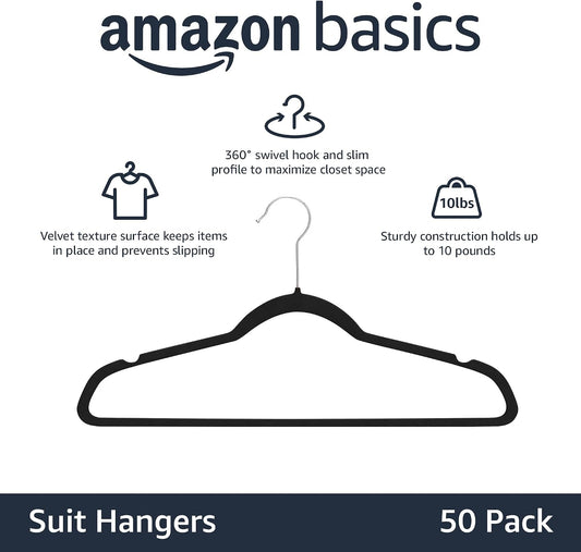 Amazon Basics Slim Velvet Non-Slip Space Saving Suit Clothes Hangers, Closet Organizer, Black, 50-Pack