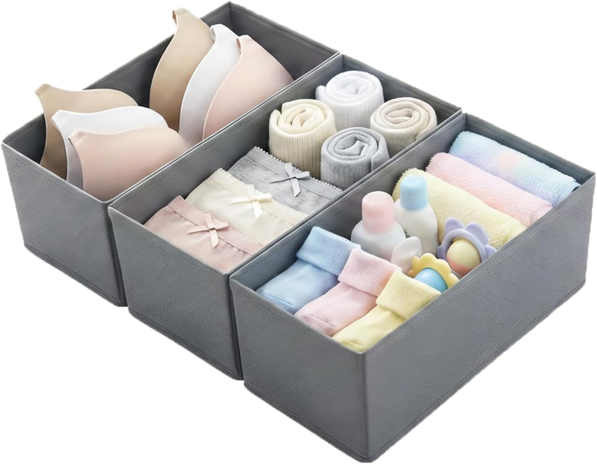 Small Foldable Fabric Drawer Organizer 3-Pack - 11" Breathable Closet & Dresser Storage Bins for Underwear, Socks, Baby Clothes & Bras, Grey