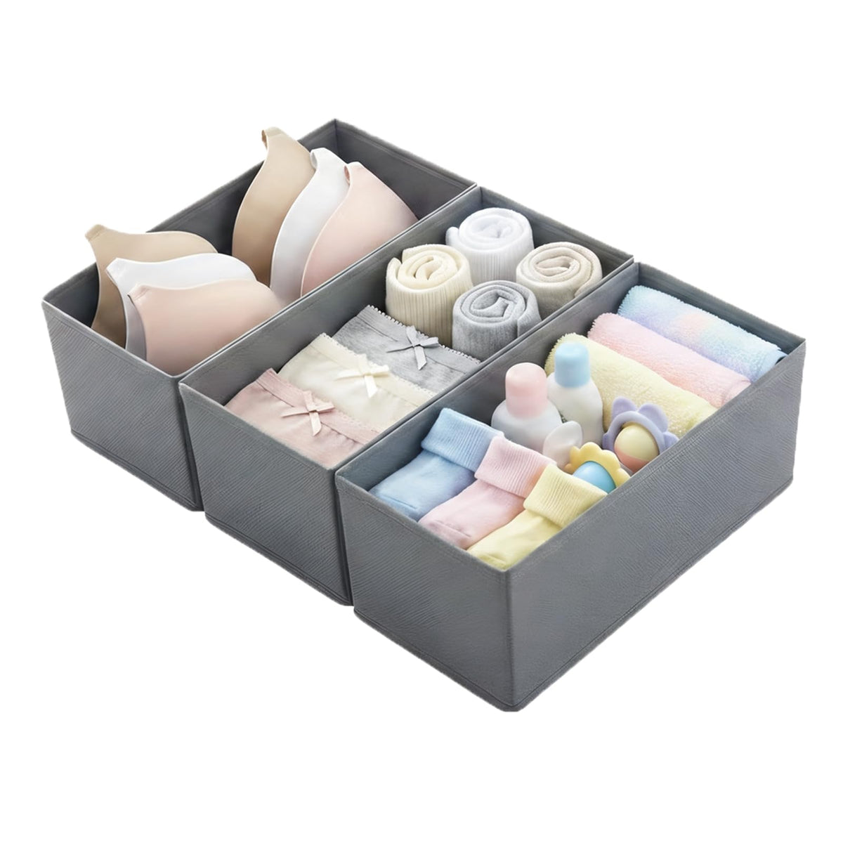 Small Foldable Fabric Drawer Organizer 3-Pack - 11" Breathable Closet & Dresser Storage Bins for Underwear, Socks, Baby Clothes & Bras, Grey