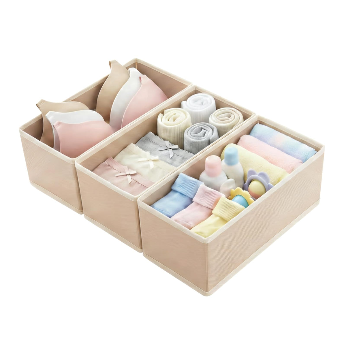 Small Foldable Fabric Drawer Organizer 3-Pack - 11" Breathable Closet & Dresser Storage Bins for Underwear, Socks, Baby Clothes & Bras, Grey