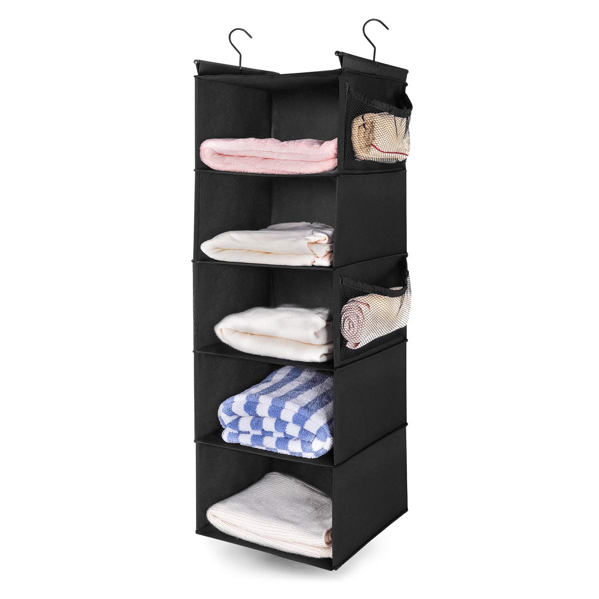 MAX Houser 5 Tier Shelf Hanging Closet Organizer, Cloth Hanging Shelf with 2 Sturdy Hooks for Storage, Foldable (Beige-D2)