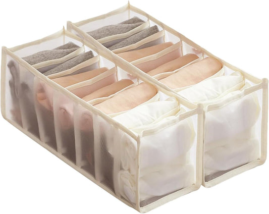 2-Pack Underwear Storage Organizer, 7-Compartment Foldable Drawer Divider for Home, Closet, and Travel Use, Mesh Fabric Organizer Box for Clothing