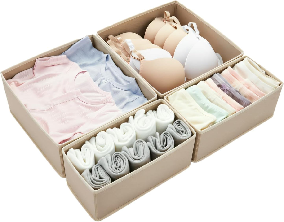 Drawer Organizer Set 4 Pack - Foldable 11" Fabric Storage Bins with Zipper Bottom for Underwear Socks Bras Baby Clothes - Closet Dresser Dividers for Bedroom Nursery, Khaki