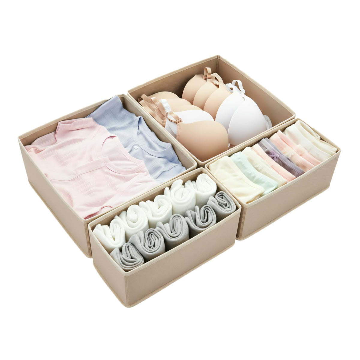 Drawer Organizer Set 4 Pack - Foldable 11" Fabric Storage Bins with Zipper Bottom for Underwear Socks Bras Baby Clothes - Closet Dresser Dividers for Bedroom Nursery, Khaki