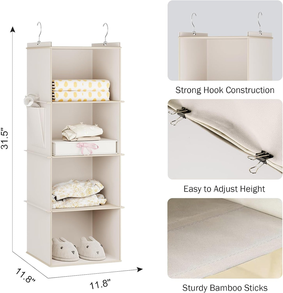 YOUDENOVA Hanging Closet Organizer and Storage for Clothes, 4-Shelf, Beige