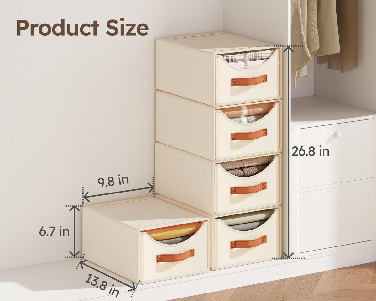 Homsorout Stackable Storage Drawers - Collapsible Storage Bins with Drawers, 4 Pack Closet Shelf Organizer Basket, Fabric Pull Out Organizer for Bedroom, Living Room, Dorm, Beige