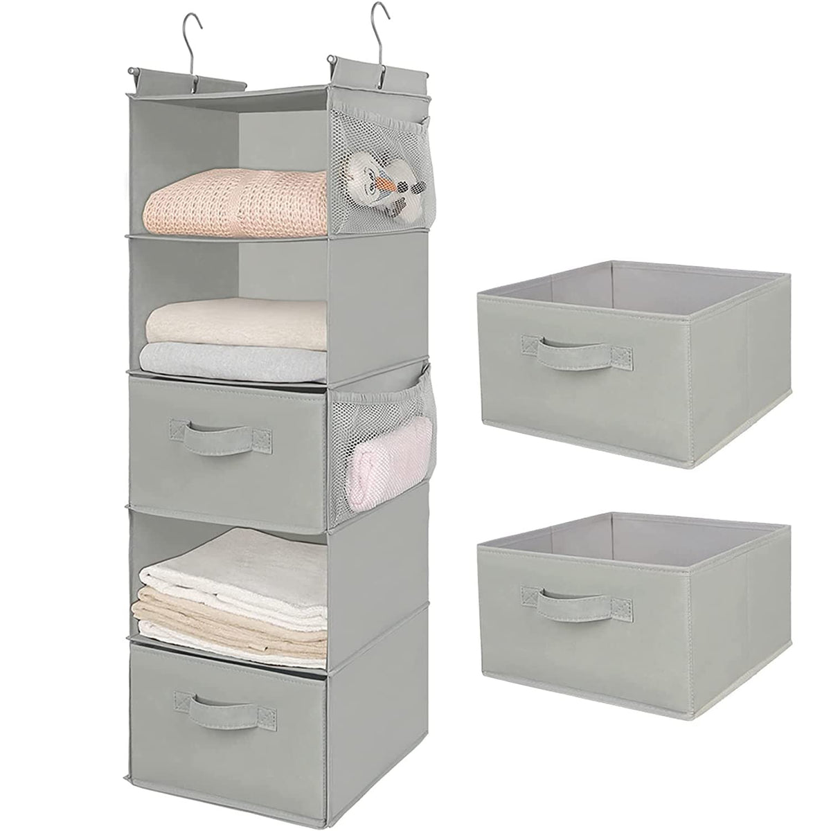MAX Houser 5 Tier Shelf Hanging Closet Organizer, Cloth Hanging Shelf with 2 Sturdy Hooks for Storage, Foldable (Beige-D2)