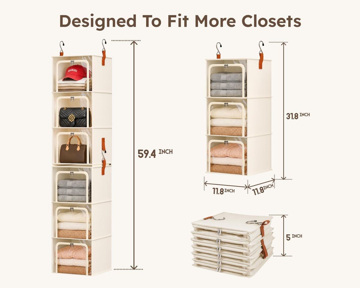 Homsorout 6-Tier Modular Hanging Closet Organizer Shelves, Beige