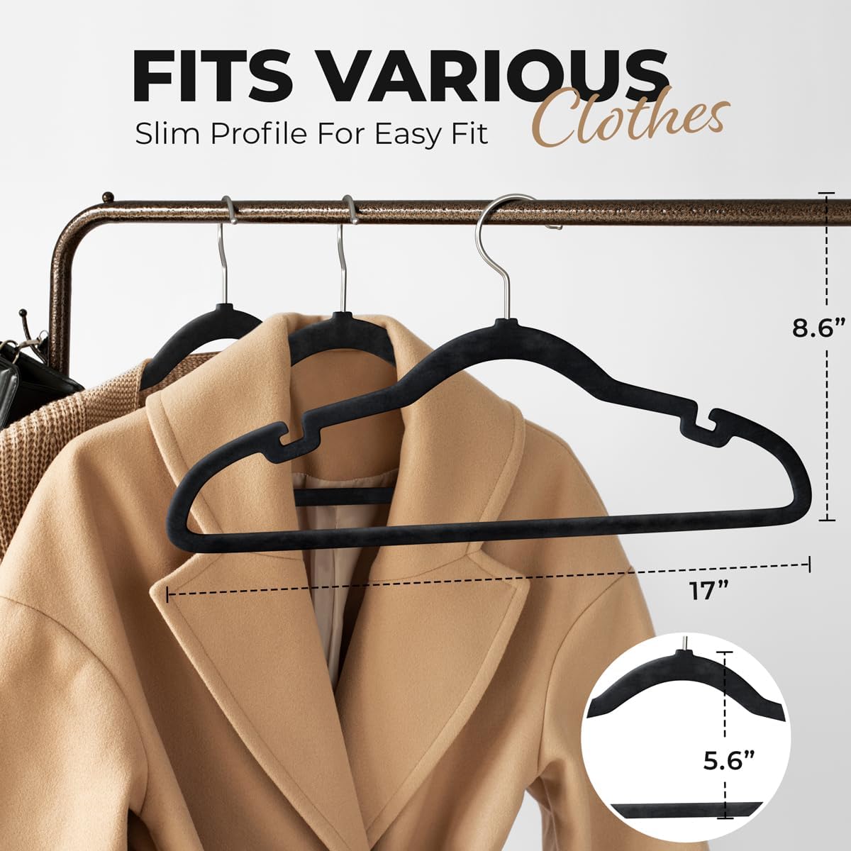 Our Modern Space 100 Pack Velvet Hanger for Shirt Pants Dresses Skirts Suits Jackets - Slim Space Saving Design - Standard Coat Hanger - Sturdy & Durable Design with Shoulder Grooves Hook