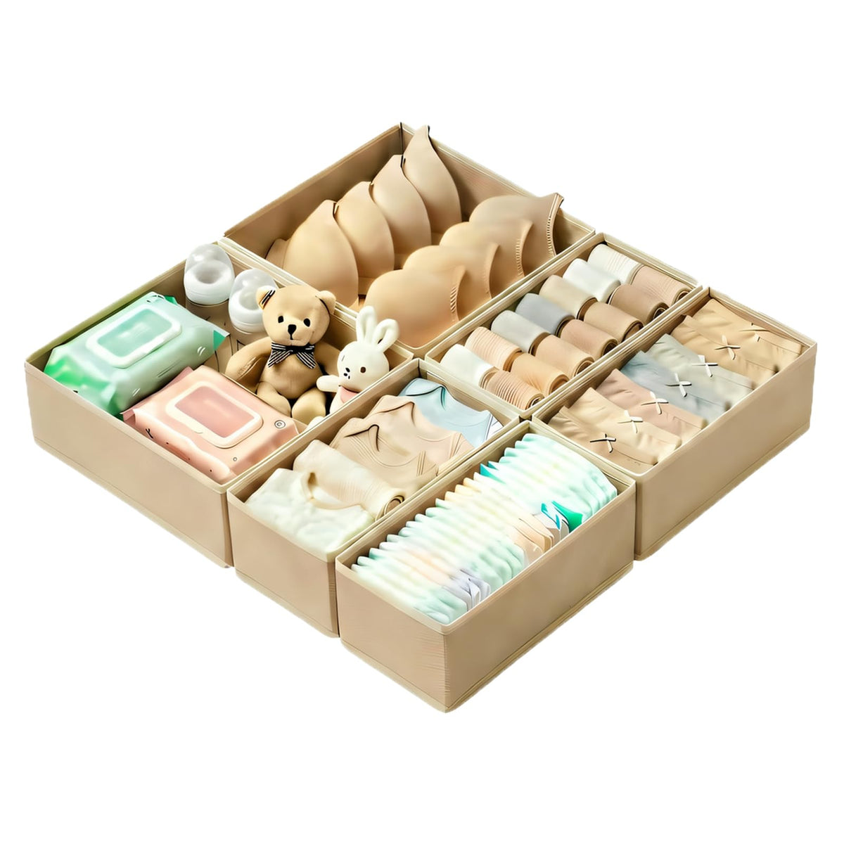 Drawer Organizer Set 4 Pack - Foldable 11" Fabric Storage Bins with Zipper Bottom for Underwear Socks Bras Baby Clothes - Closet Dresser Dividers for Bedroom Nursery, Khaki