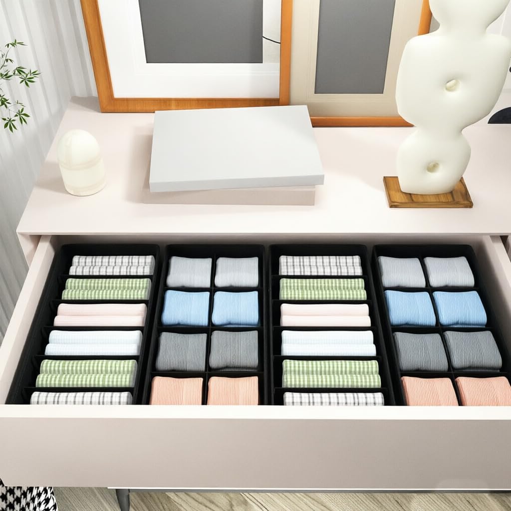 4 PACK Sock Underwear Drawer Organizer Dividers, Collapsible Cabinet Closet Storage Boxes for Clothes, Socks, Lingerie, Underwear, Tie, Belt,Bedroomedroom
