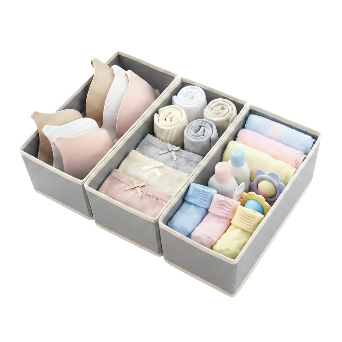 Small Foldable Fabric Drawer Organizer 3-Pack - 11" Breathable Closet & Dresser Storage Bins for Underwear, Socks, Baby Clothes & Bras, Grey