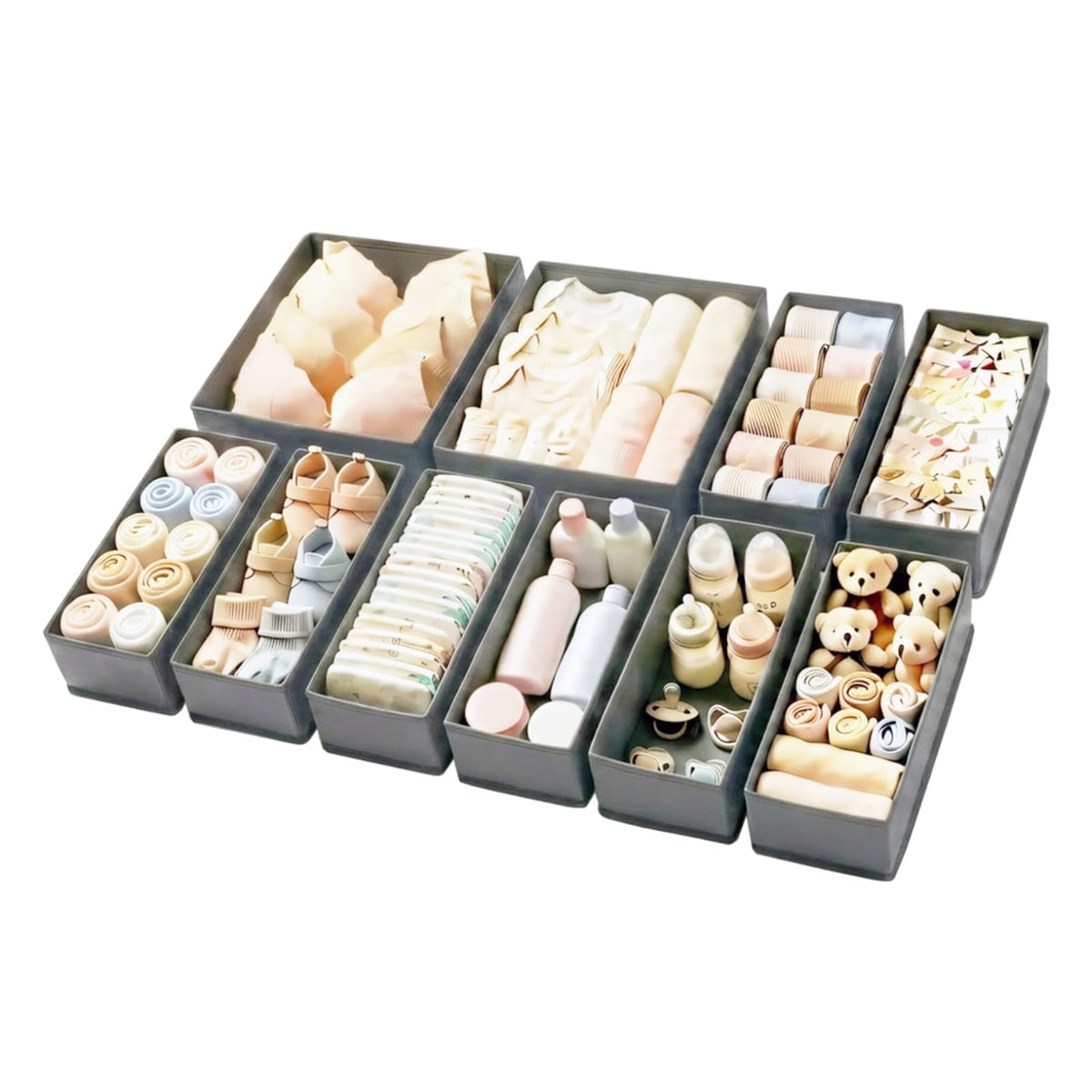 Drawer Organizer Set 4 Pack - Foldable 11" Fabric Storage Bins with Zipper Bottom for Underwear Socks Bras Baby Clothes - Closet Dresser Dividers for Bedroom Nursery, Khaki