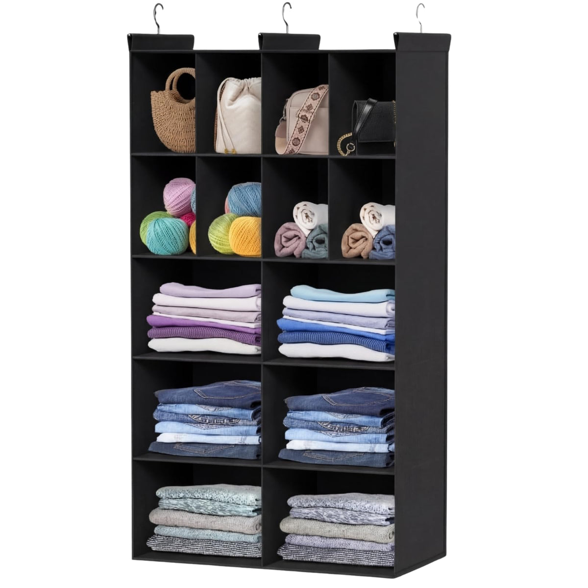 6 Tier Hanging Closet Organizer, 16 Compartments Dual Row Storage, Grey
