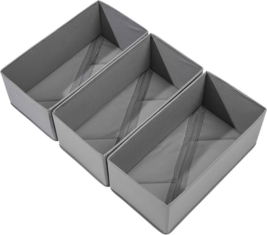 Bructhun Sock Drawer Organizer 3 Pack - Collapsible Fabric Storage Bins for Underwear Divider, Small Closet Organizers with 3 Compartments, Gray