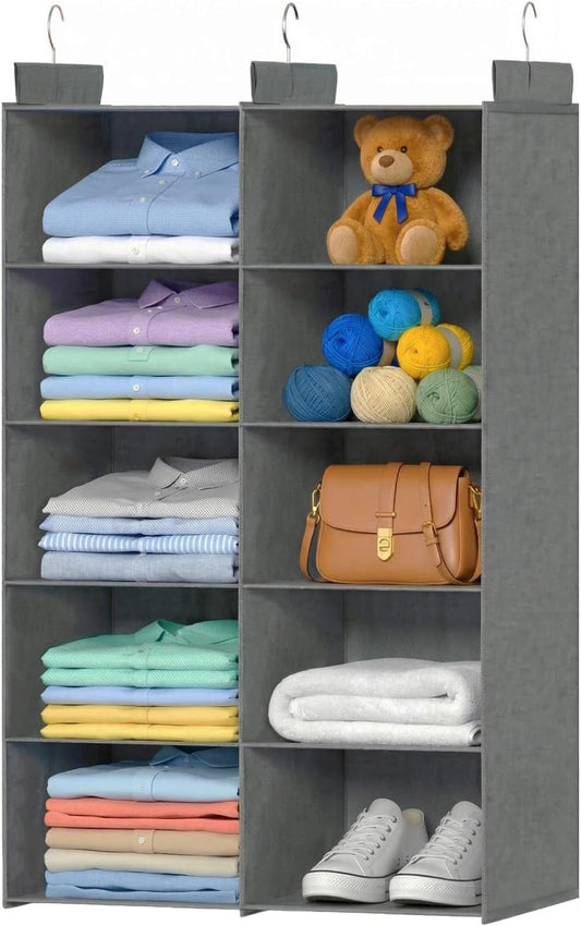 5 Tier Hanging Closet Organizer, Dual Row Wardrobe Storage with Hooks, Grey