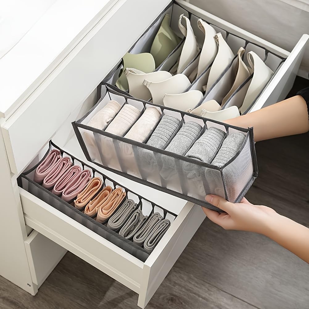 3 Pack Drawer Organizer Bins, Foldable Mesh Underwear Storage Dividers, Separate Grid Organizer for Bra Socks Lingerie Panties Closet Drawer Storage