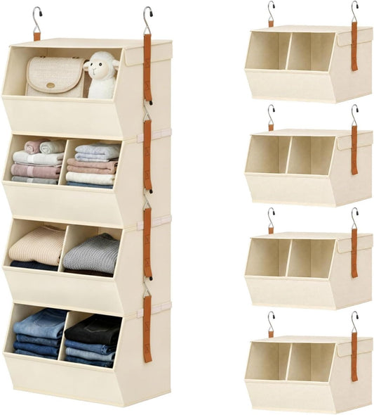 BABUFINE Hanging Closet Organizer, 4-Tier Wide Shelves with Cover, Divider