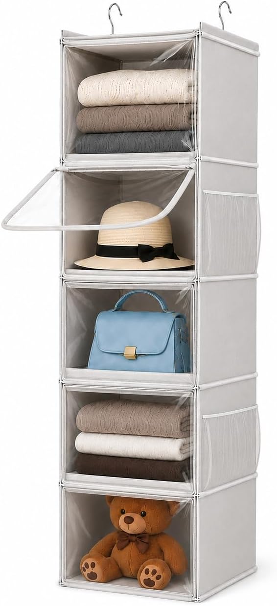 Vailando 5-Shelf Hanging Closet Organizer with Clear Dust Covers, Gray