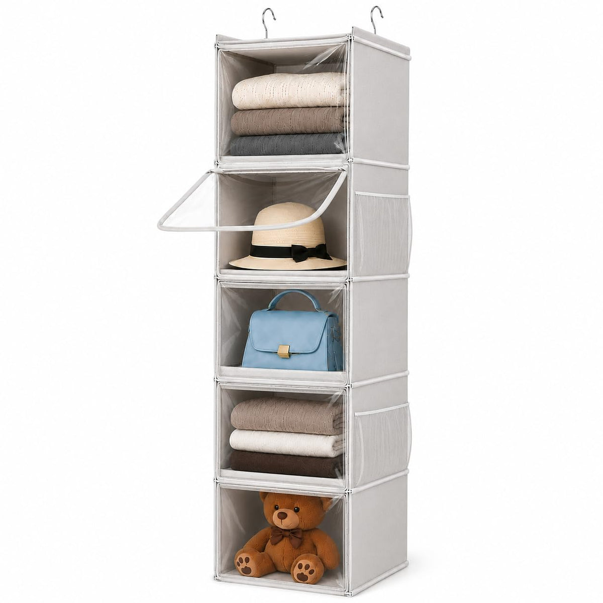 Vailando 5-Shelf Hanging Closet Organizer with Clear Dust Covers, Gray