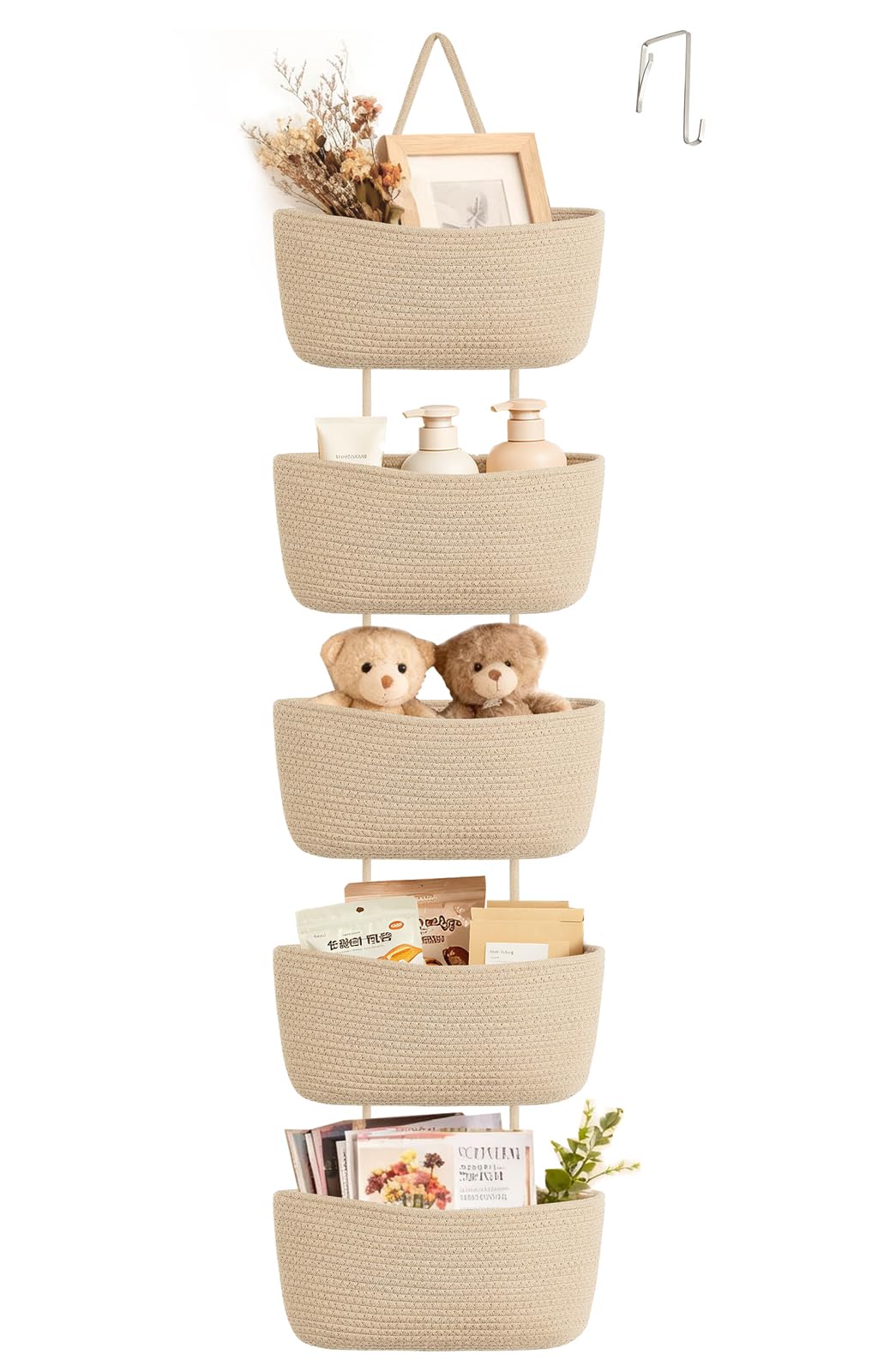 Dahey Over The Door Hanging Basket Storage 4-Tier Woven Wall Basket, Jute