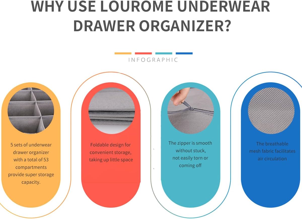 Lourome Underwear Drawer Organizer, 5-Pack, for Socks, Bras, Tie, Grey