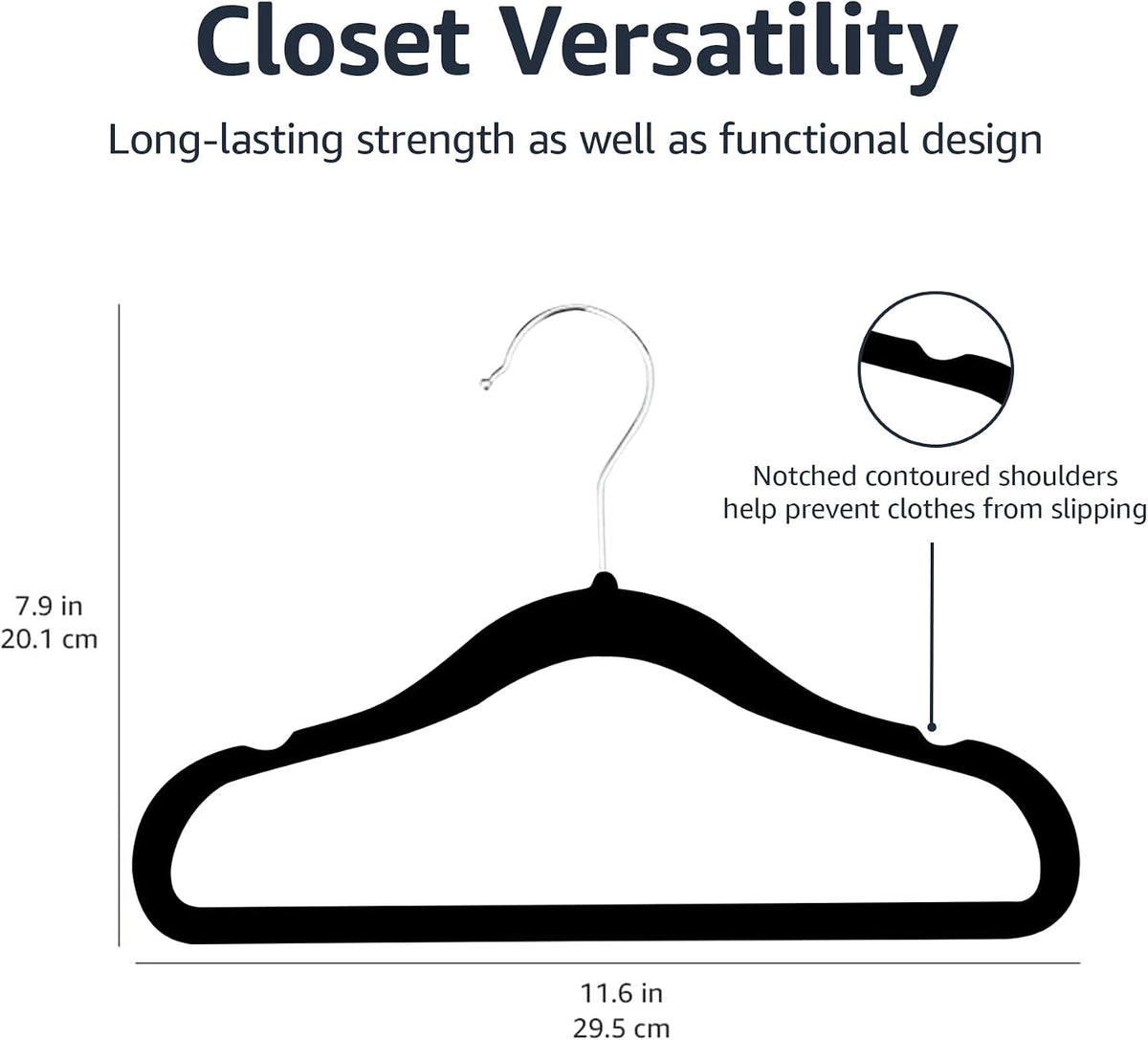 Amazon Basics Kids Space Saving Velvet Non-Slip Clothes Hangers with Shoulder Notches for Infant and Toddler, 11.6", Black, 50-Pack